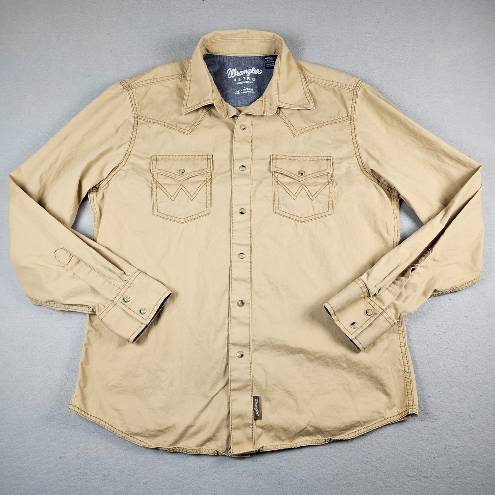 Wrangler Retro Pearl Snap Shirt Mens Large Beige Button Down Long Sleeve Cowboy